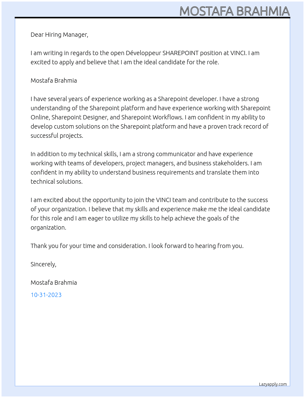 Développeur SHAREPOINT  At VINCI Cover Letter