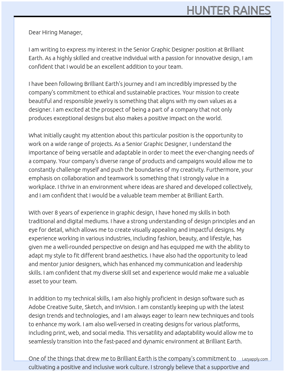 Senior Graphic Designer At Brilliant Earth Cover Letter