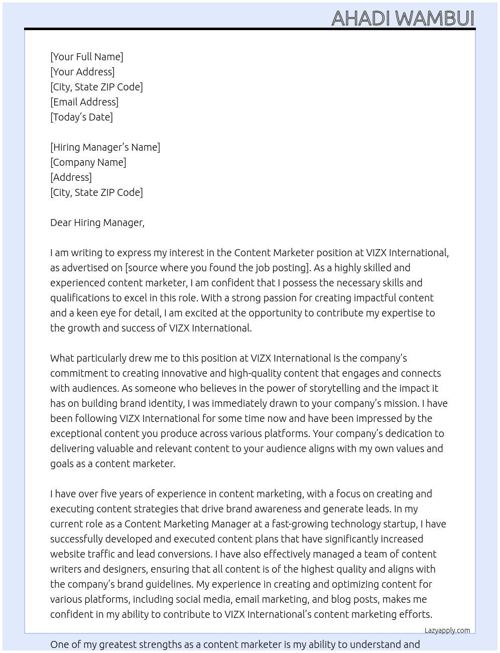 Content Marketer At VIZX International Cover Letter