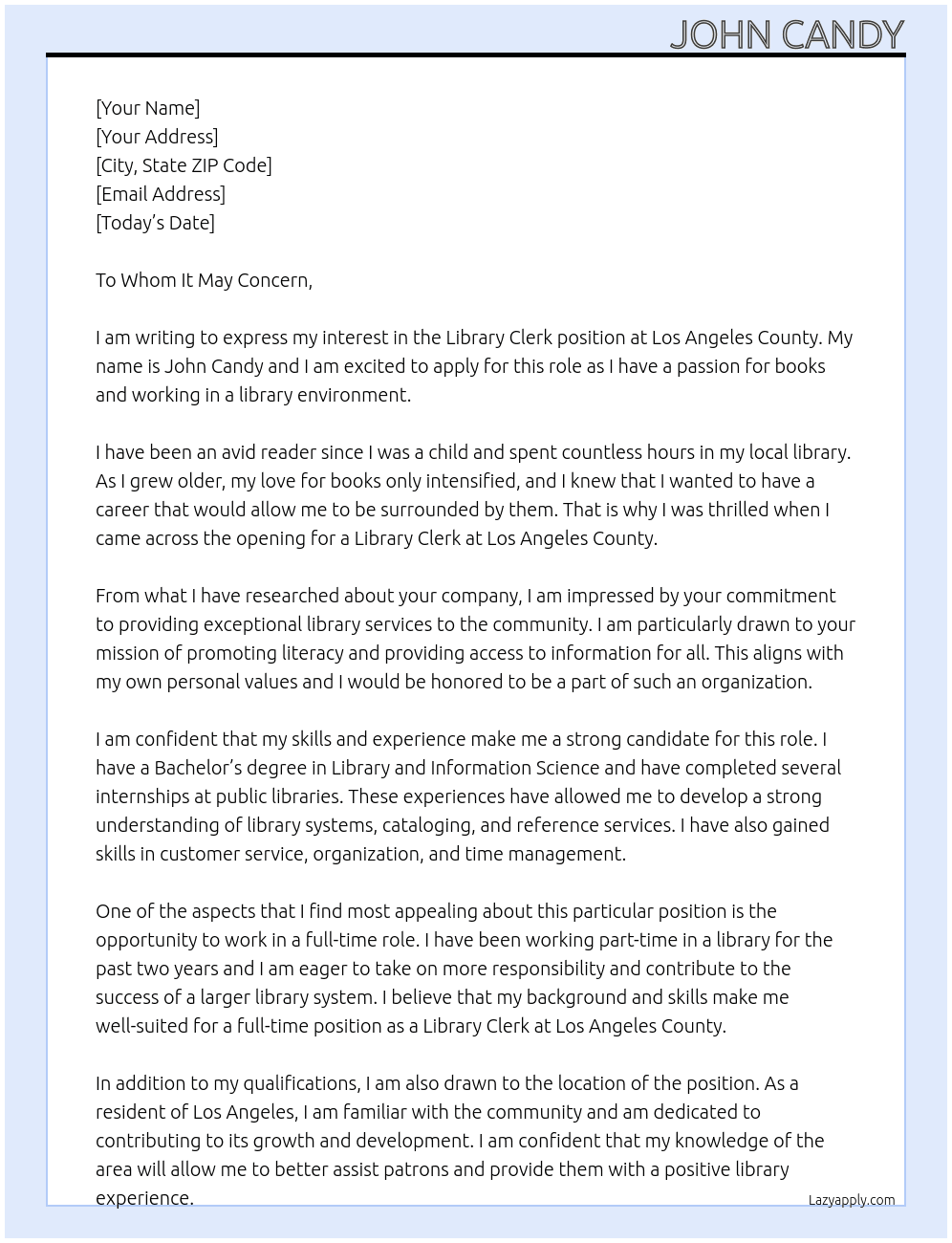 library clerk At los angeles county Cover Letter