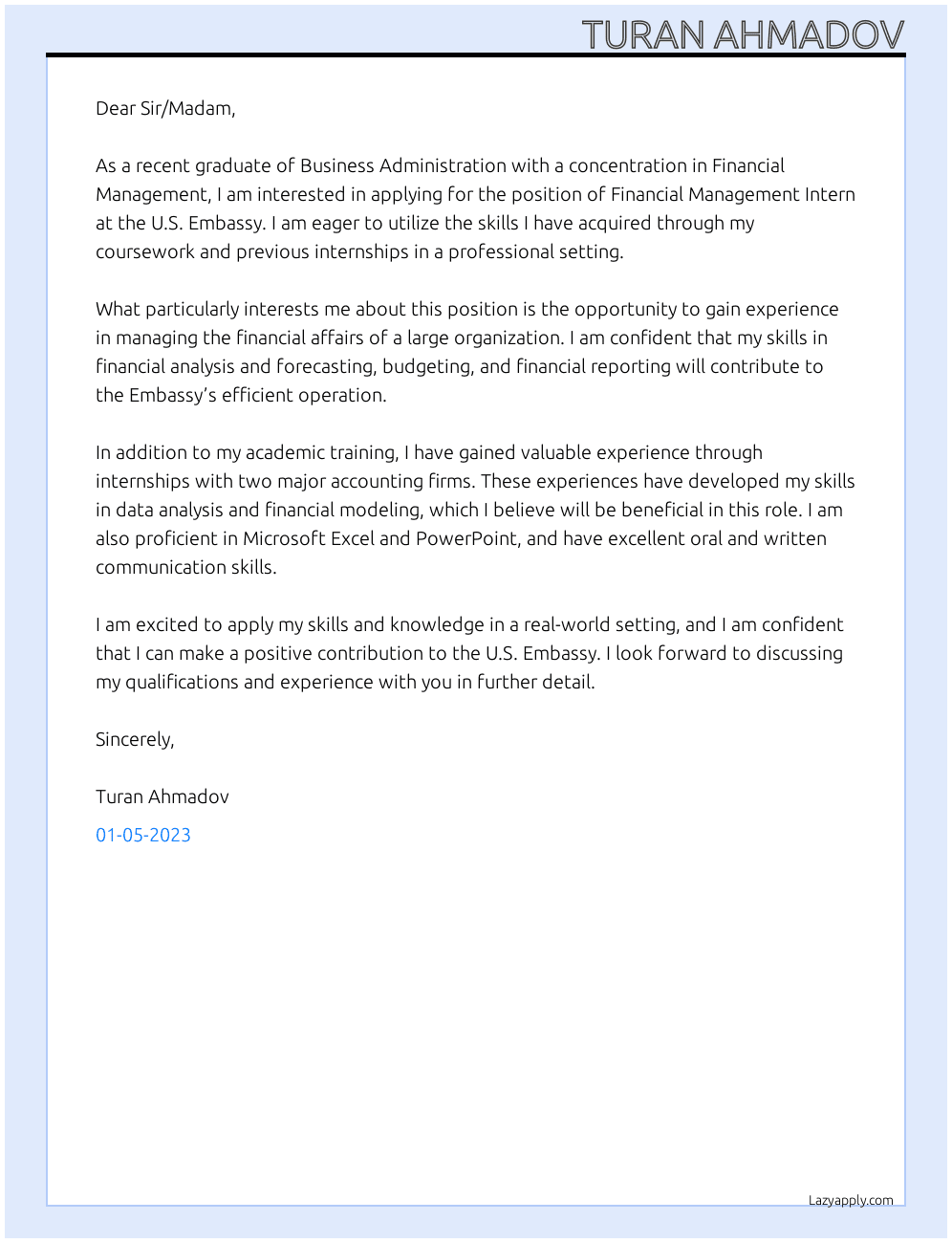 Cover letter for financial management intern - LazyApply