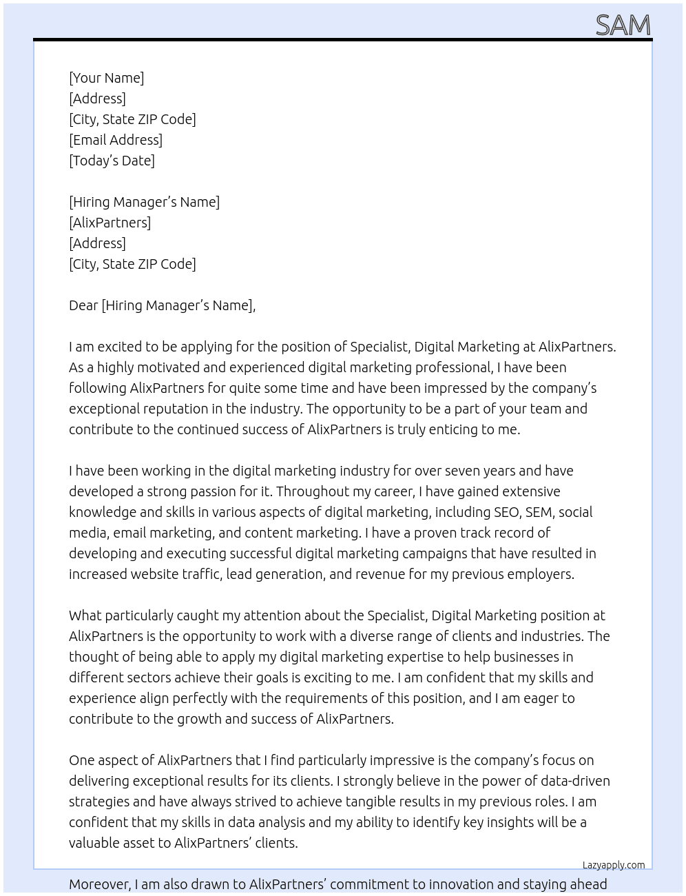 SPECIALIST, DIGITAL MARKETING At AlixPartners Cover Letter