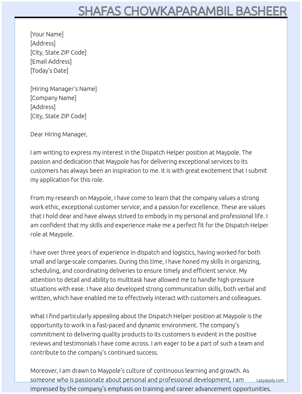 Dispatch Helper At Maypole Cover Letter