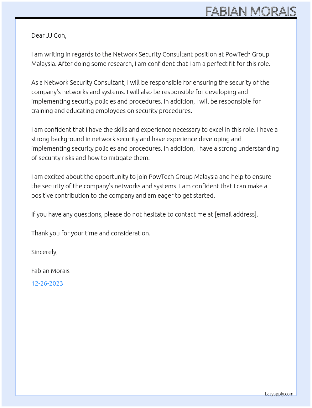 Network Security Consultant At PowTech Group Malaysia Cover Letter