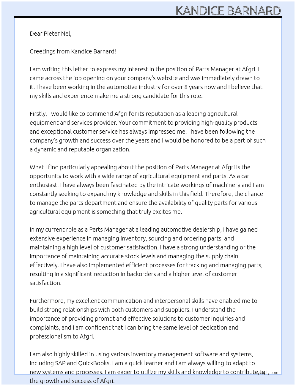 Parts Manager At Afgri Cover Letter