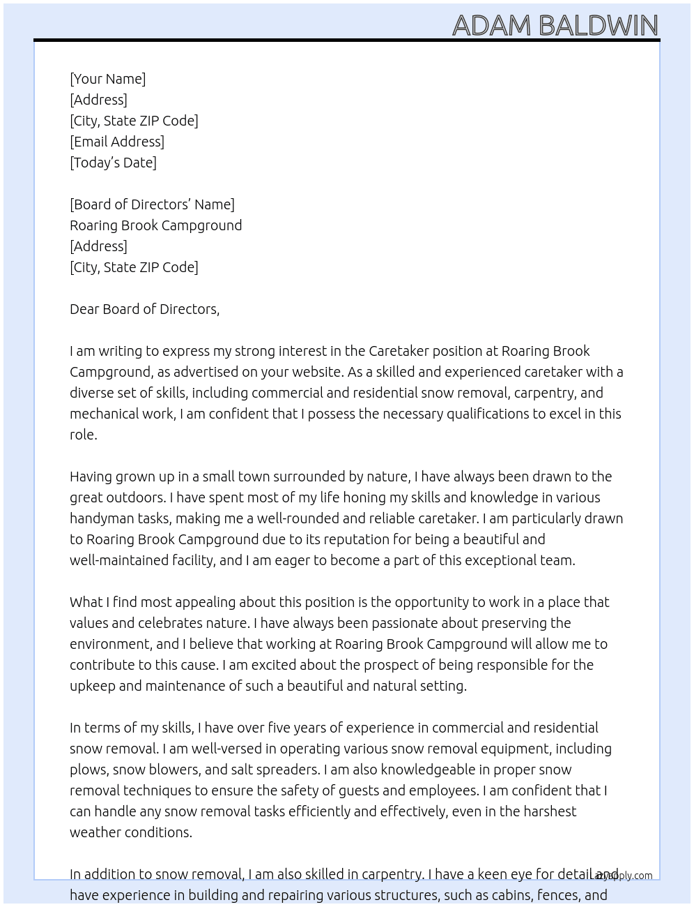 Caretaker At Roaring Brook Campground Cover Letter
