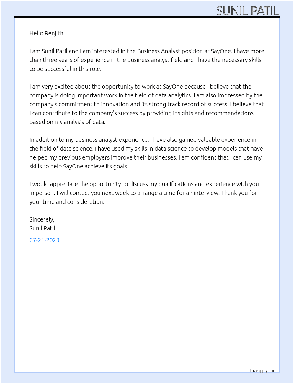 Business Analyst At SayOne Cover Letter