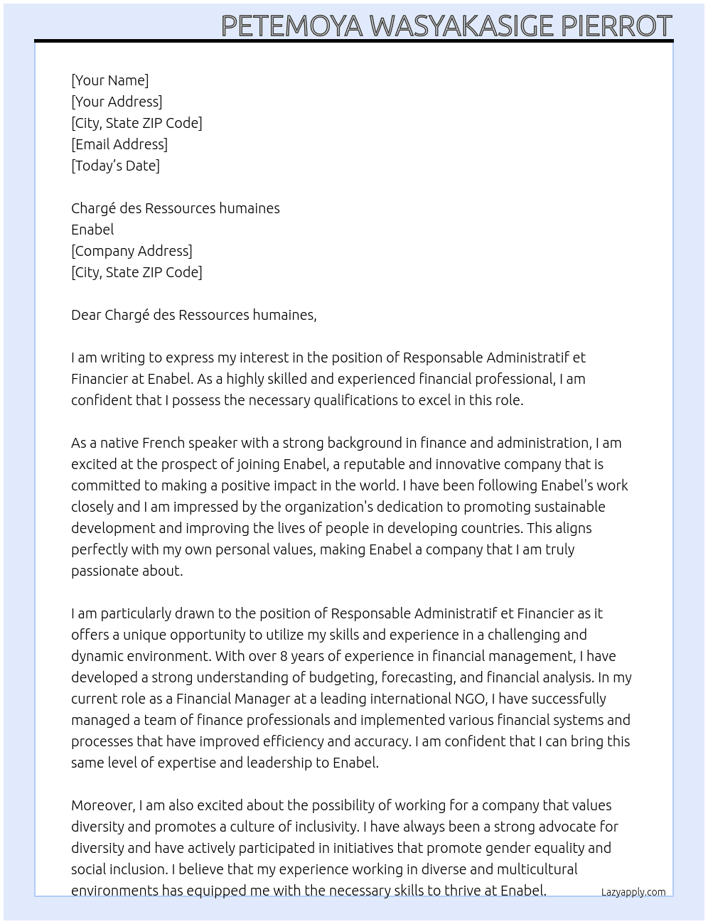 Responsable Administratif et Financier At Enabel Cover Letter