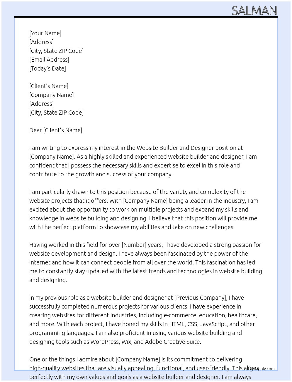 Cover letter for website builder and designer- multiple website projects- long term - LazyApply