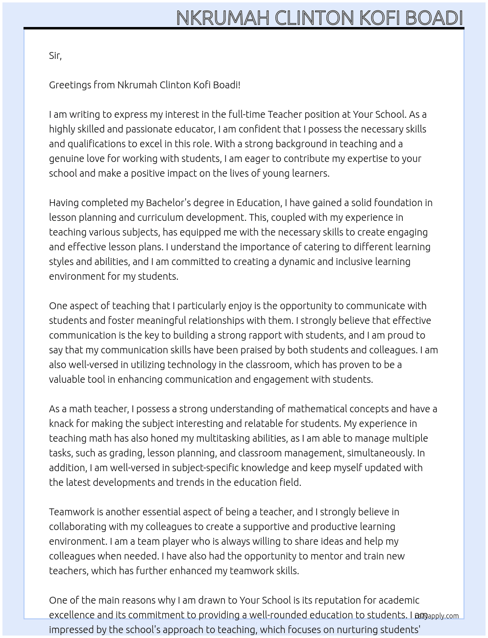 Teacher At Your School Cover Letter