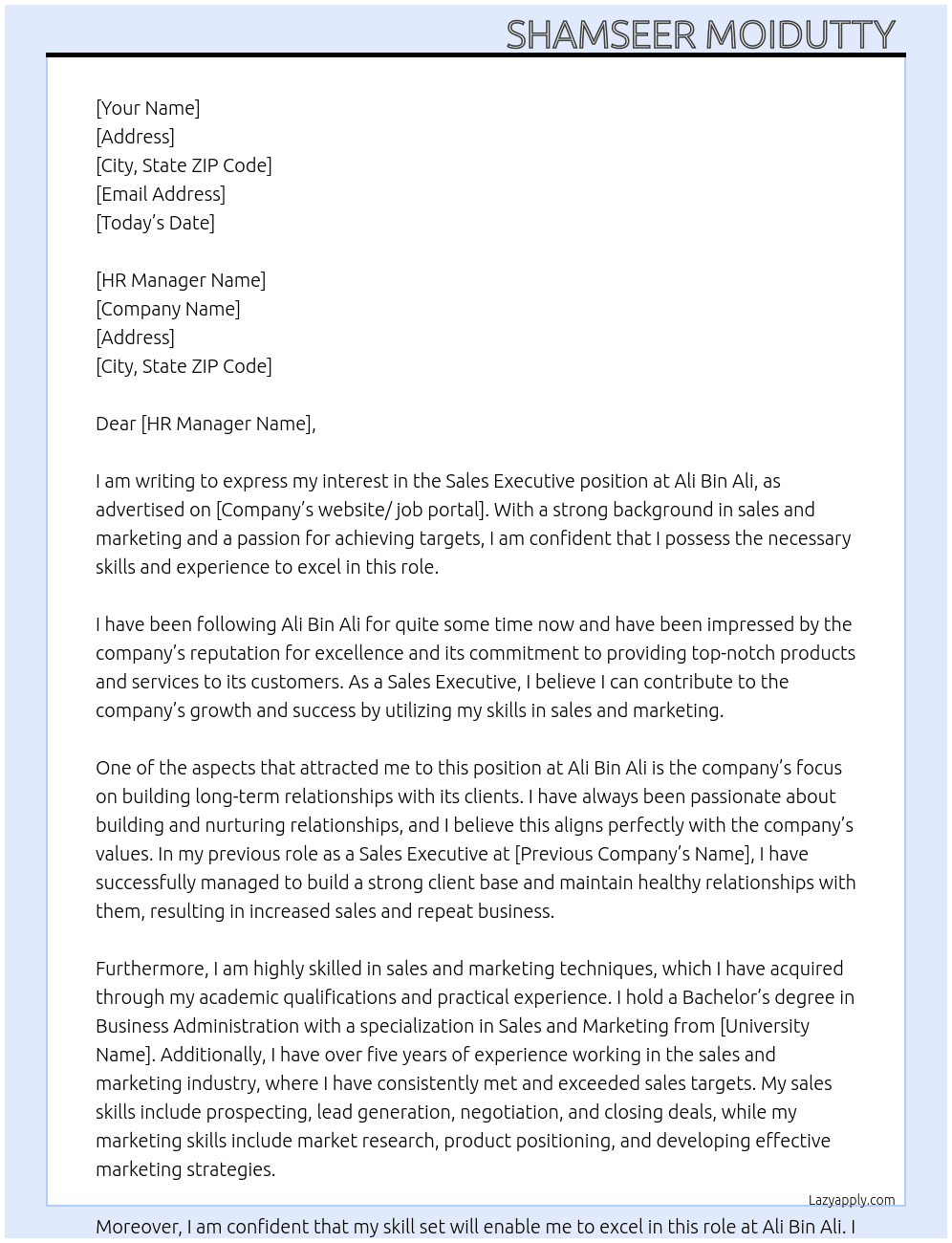Sales Executive  At Ali Bin Ali Cover Letter