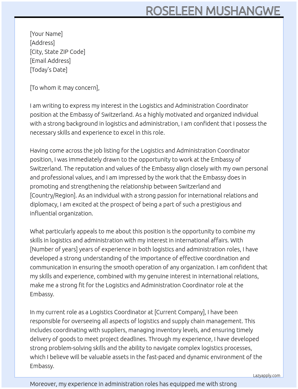  Logistics and Administration Coordinator  At Embassy of Switzerland  Cover Letter