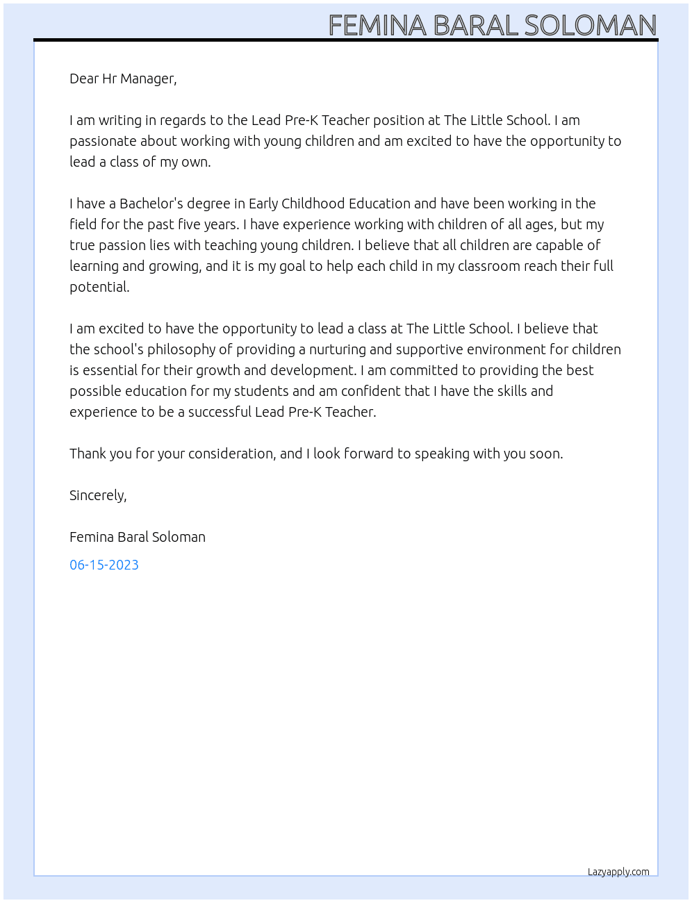 Lead Pre- K Teacher  At The Little School,  Langhorne, PA Cover Letter