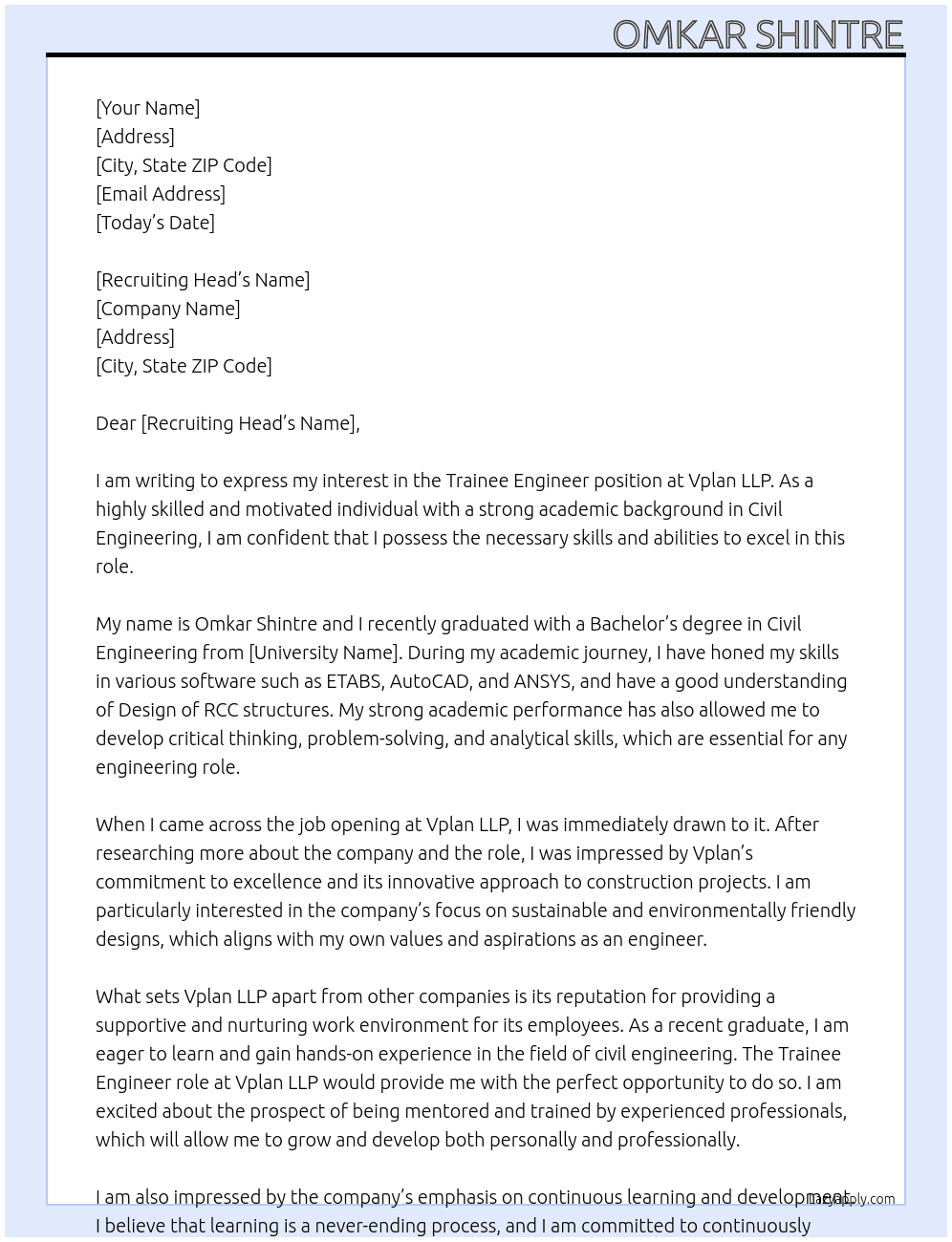 Trainee Engineer At Vplan LLP Cover Letter