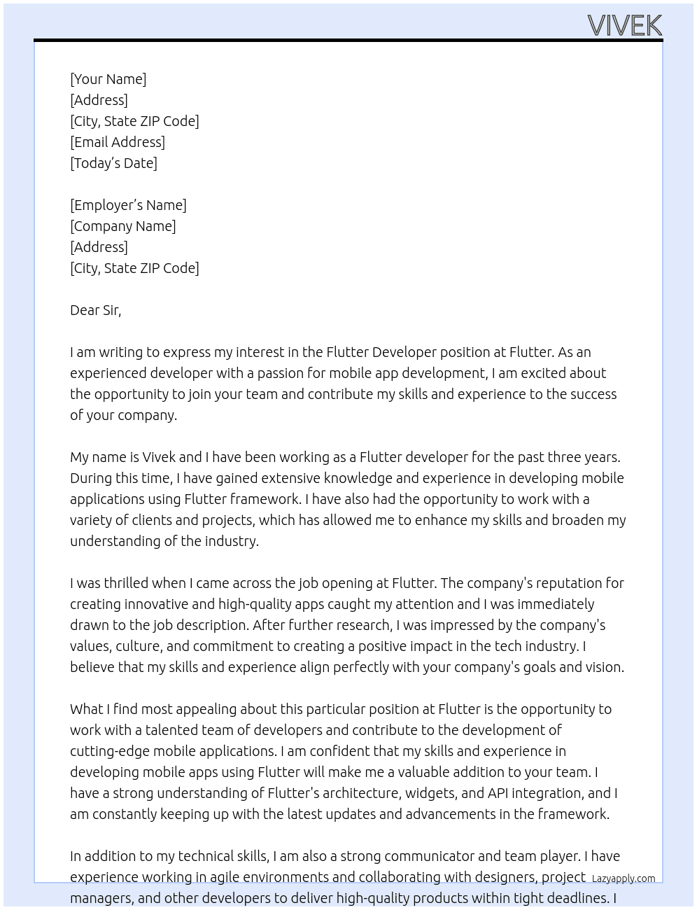 flutter devloper At flutter Cover Letter