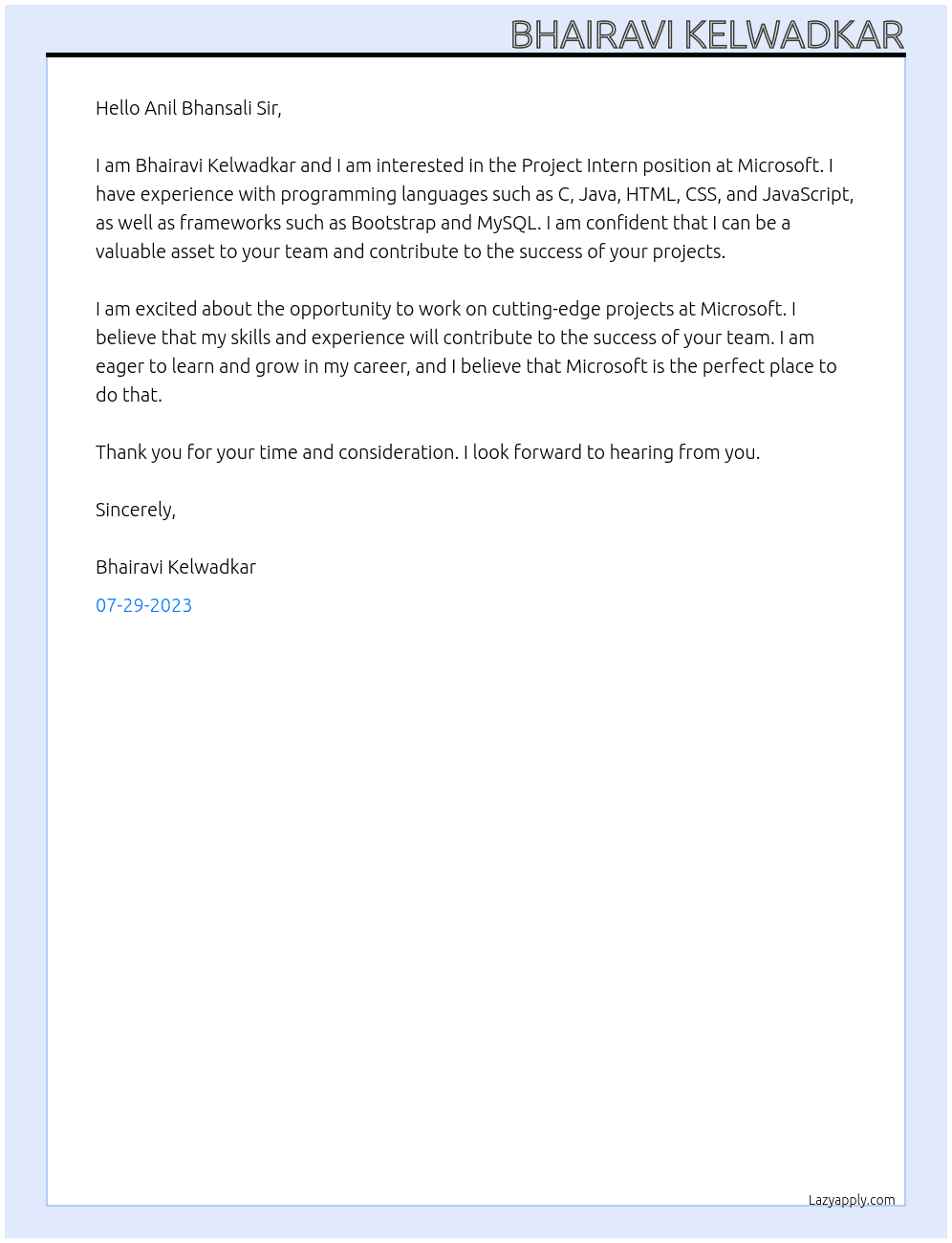 Project Intern At Microsoft Cover Letter