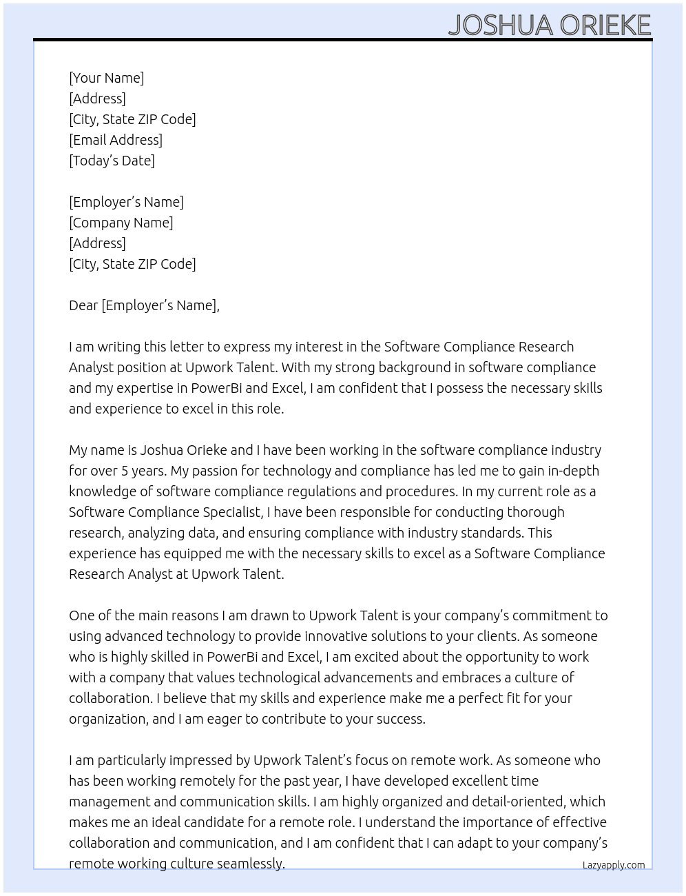 software compliance research analyst At Upwork Talent Cover Letter
