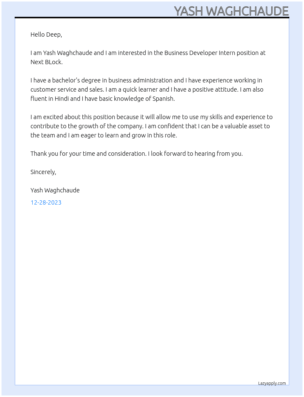 Business Developer Intern At Next BLock Cover Letter