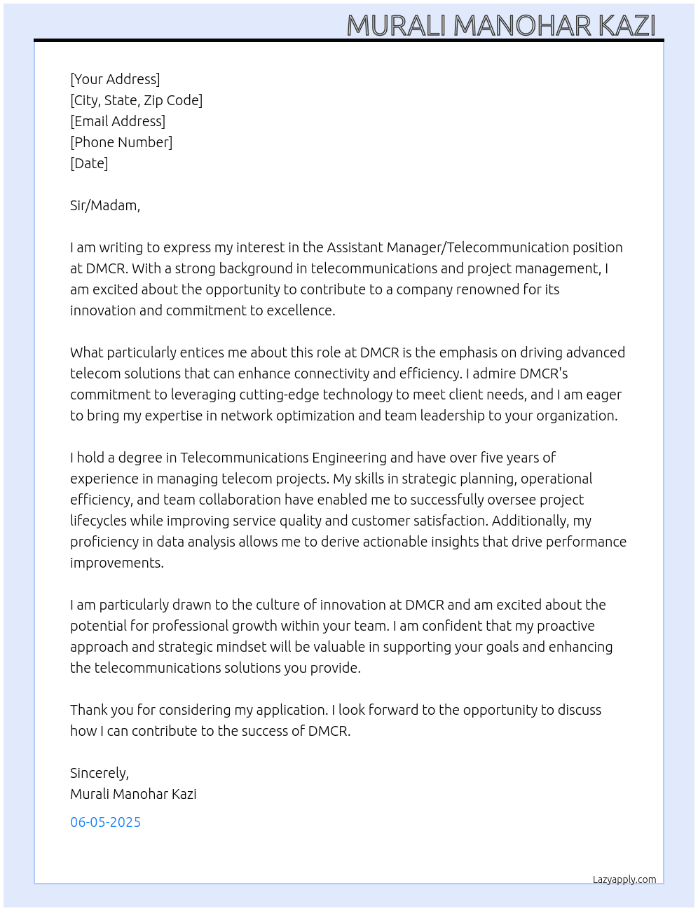 Cover letter for assistant manager/telecommunication - LazyApply