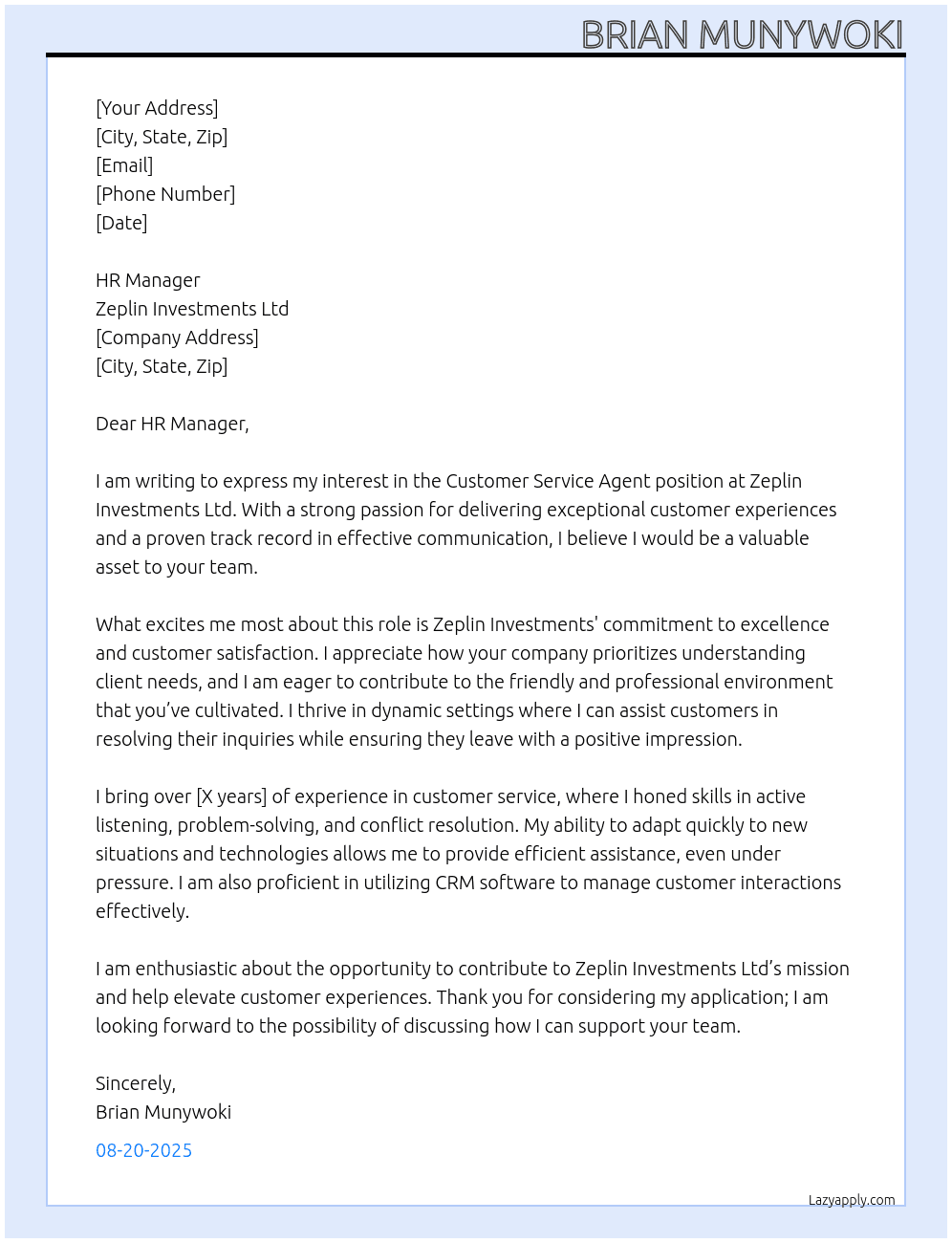 customer service agent At  Zeplin Investments Ltd Cover Letter