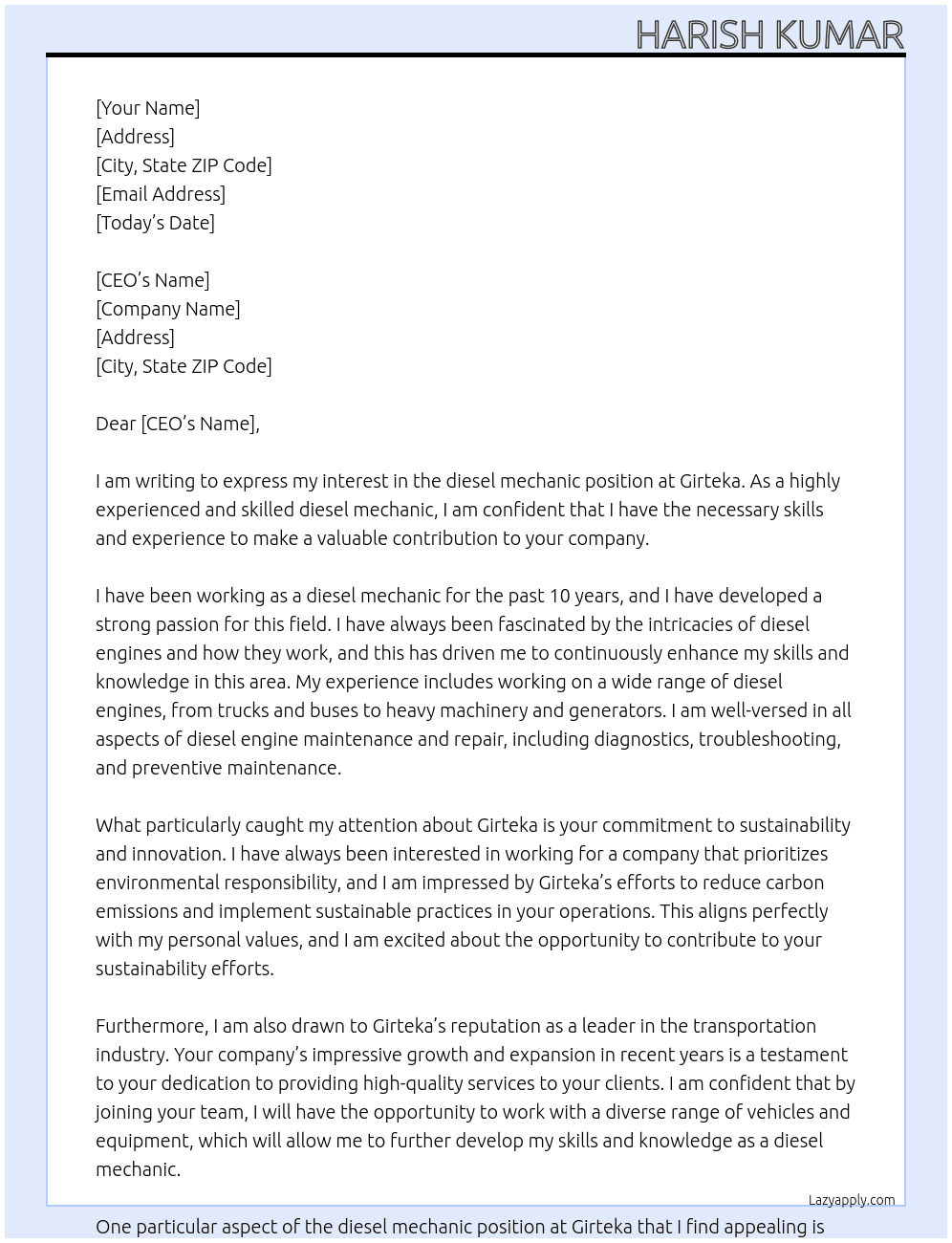 Diesel mechanic  At Girteka Cover Letter