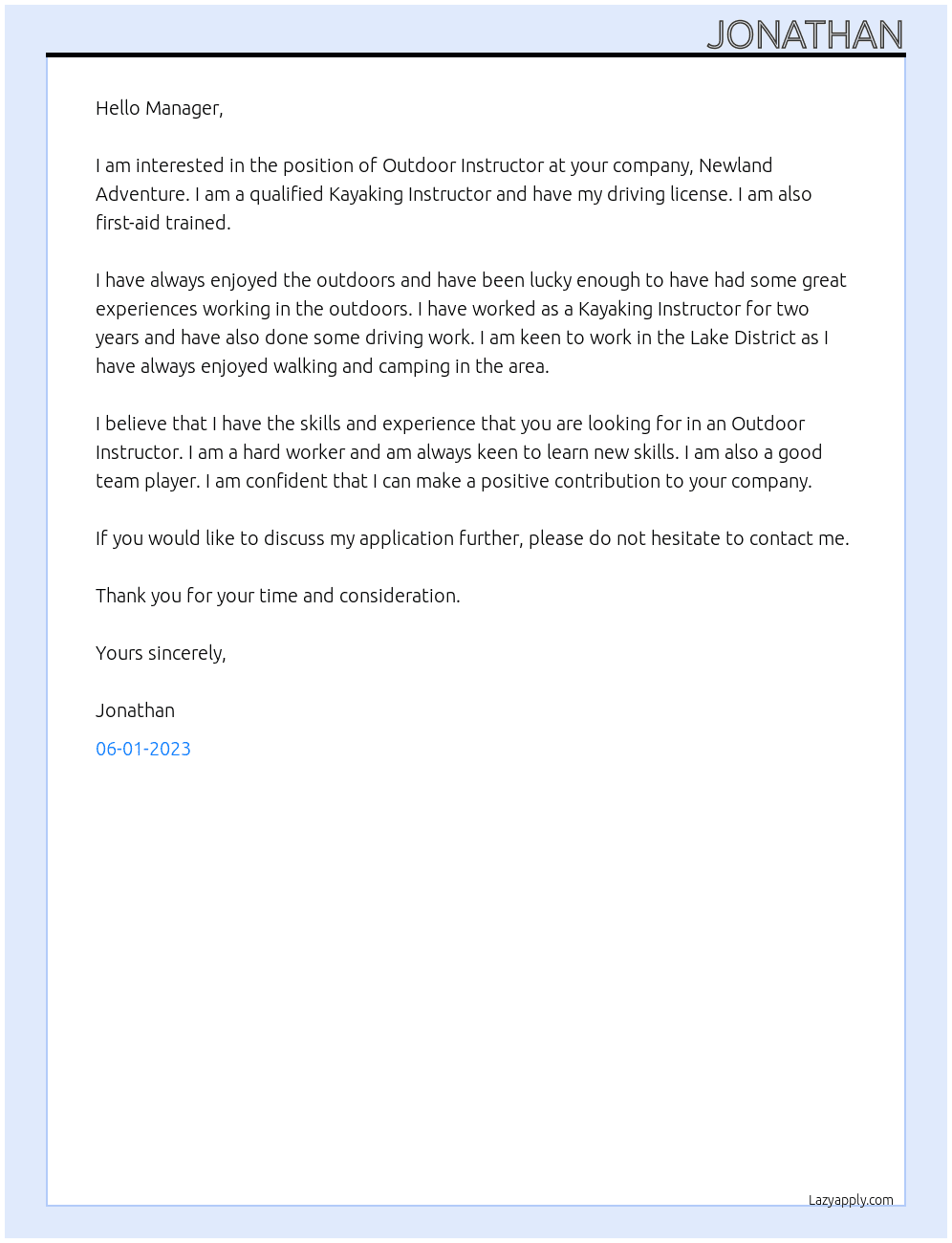 Outdoor Instructor At Newland Adventure Cover Letter