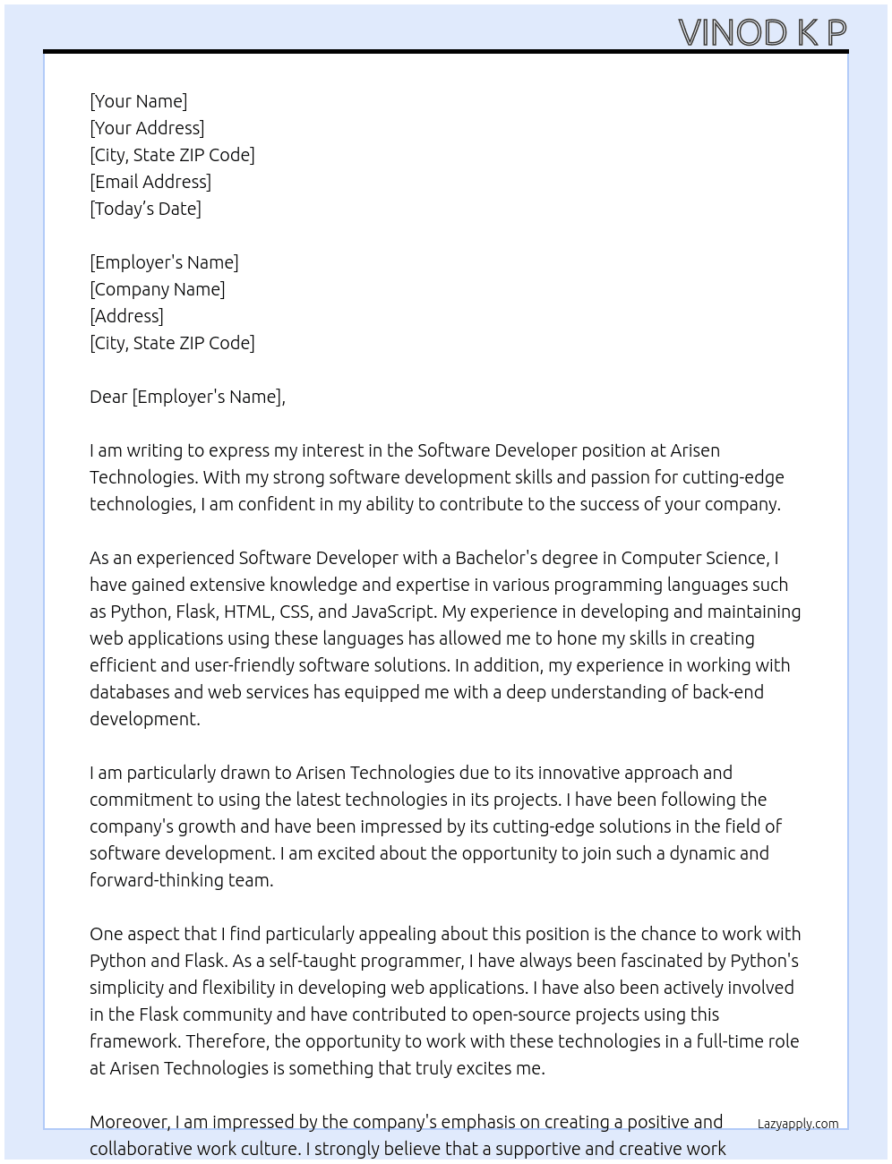 Software Developer  At Arisen Technologies  Cover Letter