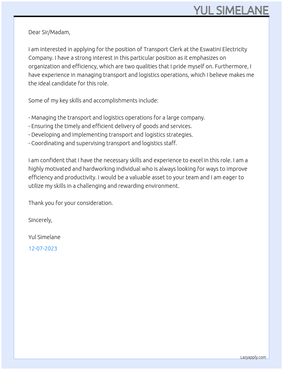 Transport Clerk At Eswatini Electricity Company Cover Letter