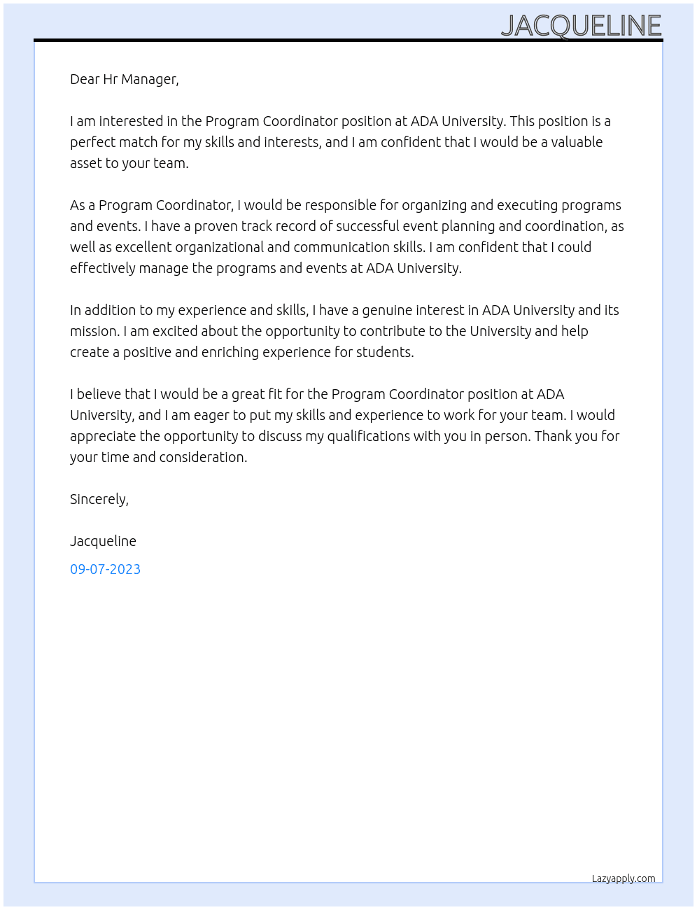 Program Coordinator At ADA  University Cover Letter