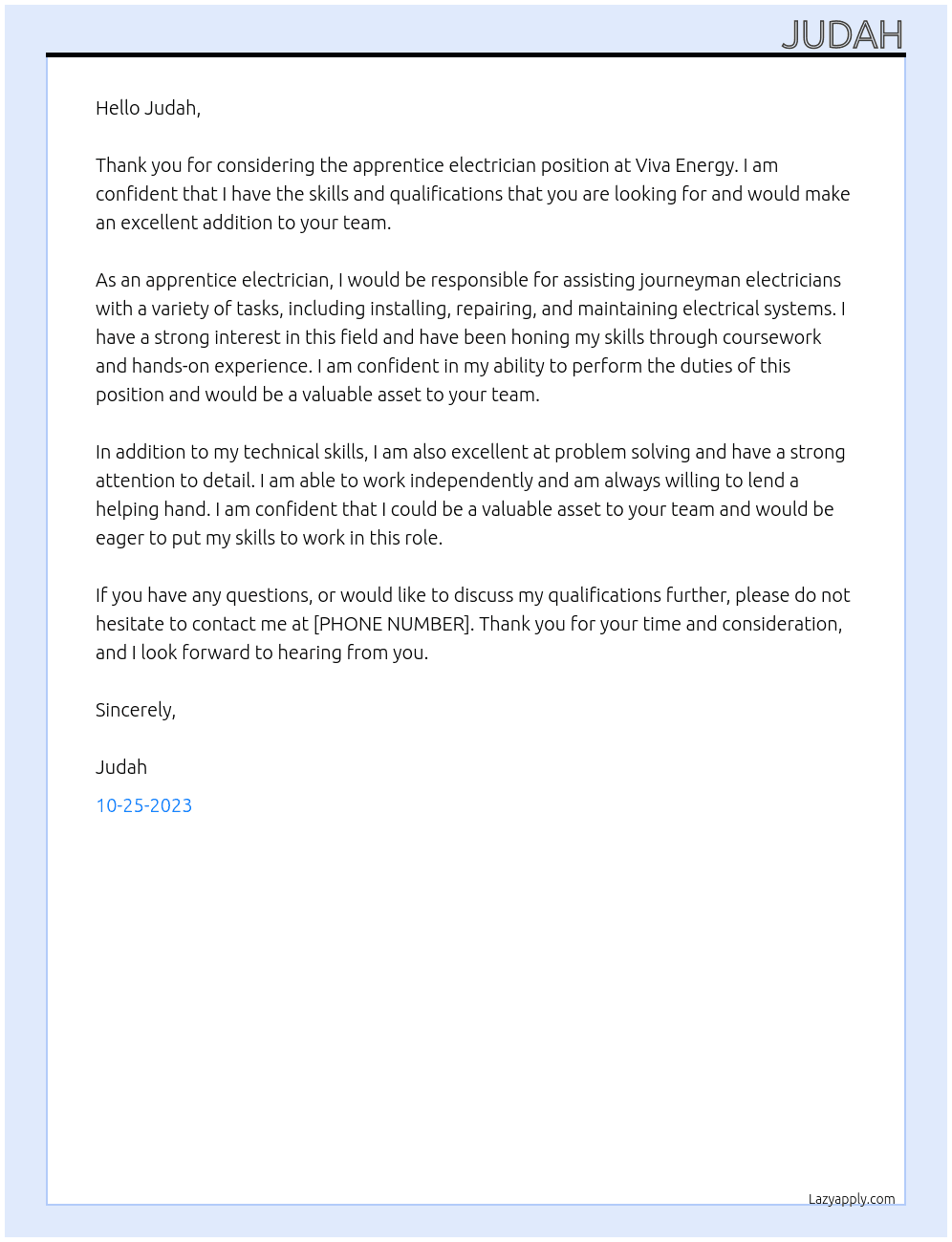 apprentice electrician At viva energy Cover Letter