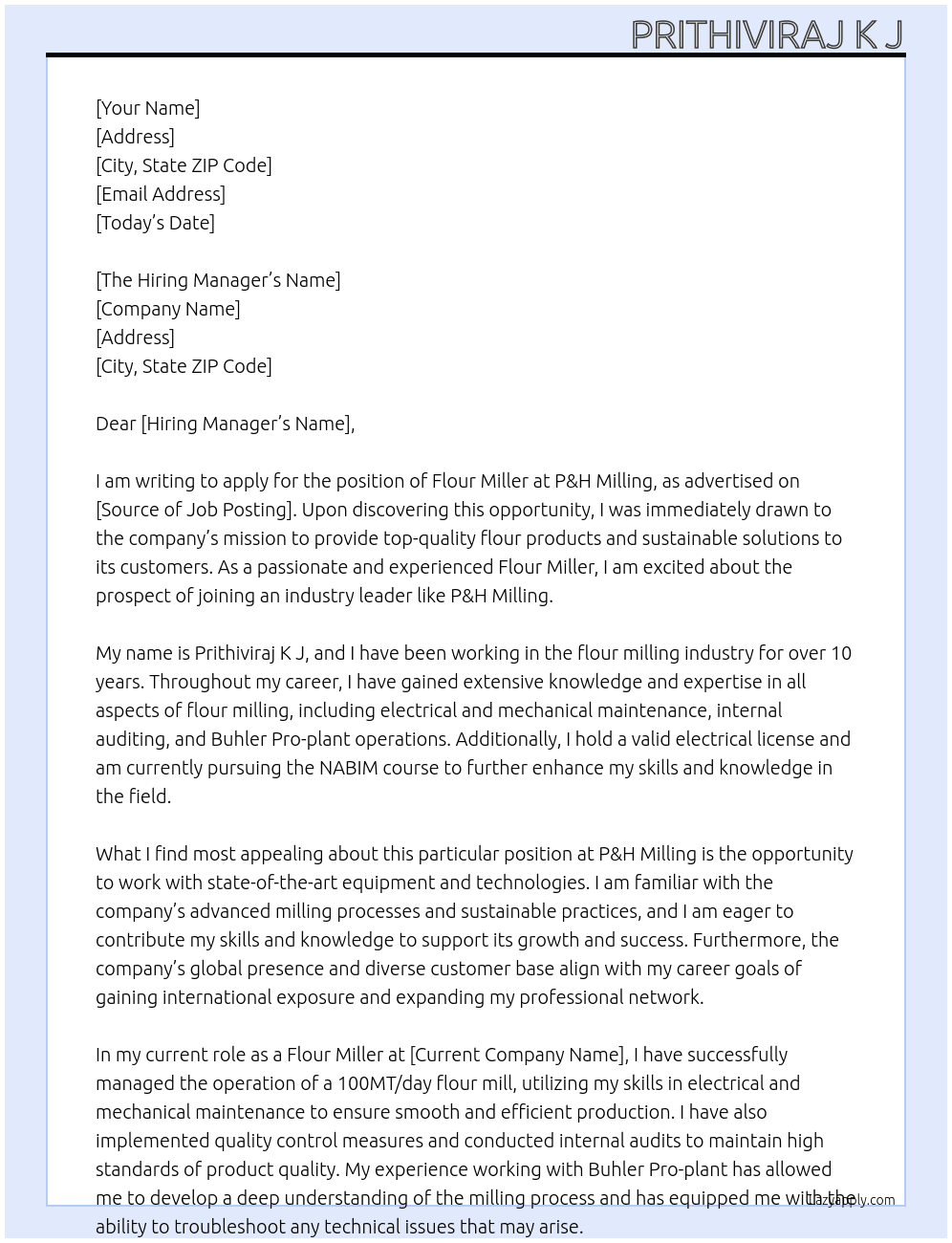 Cover letter for flour miller - LazyApply
