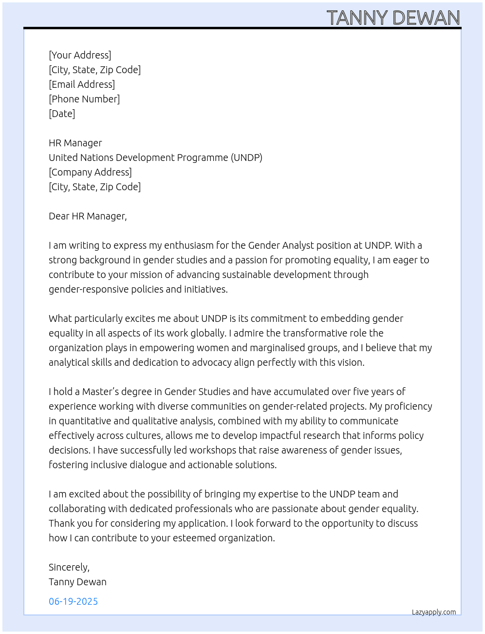 Gender analyst At UNDP Cover Letter