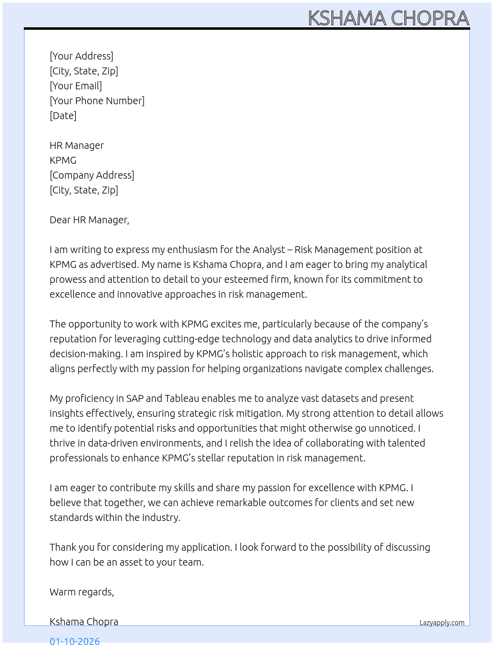 Cover letter for analyst- risk mnagement - LazyApply