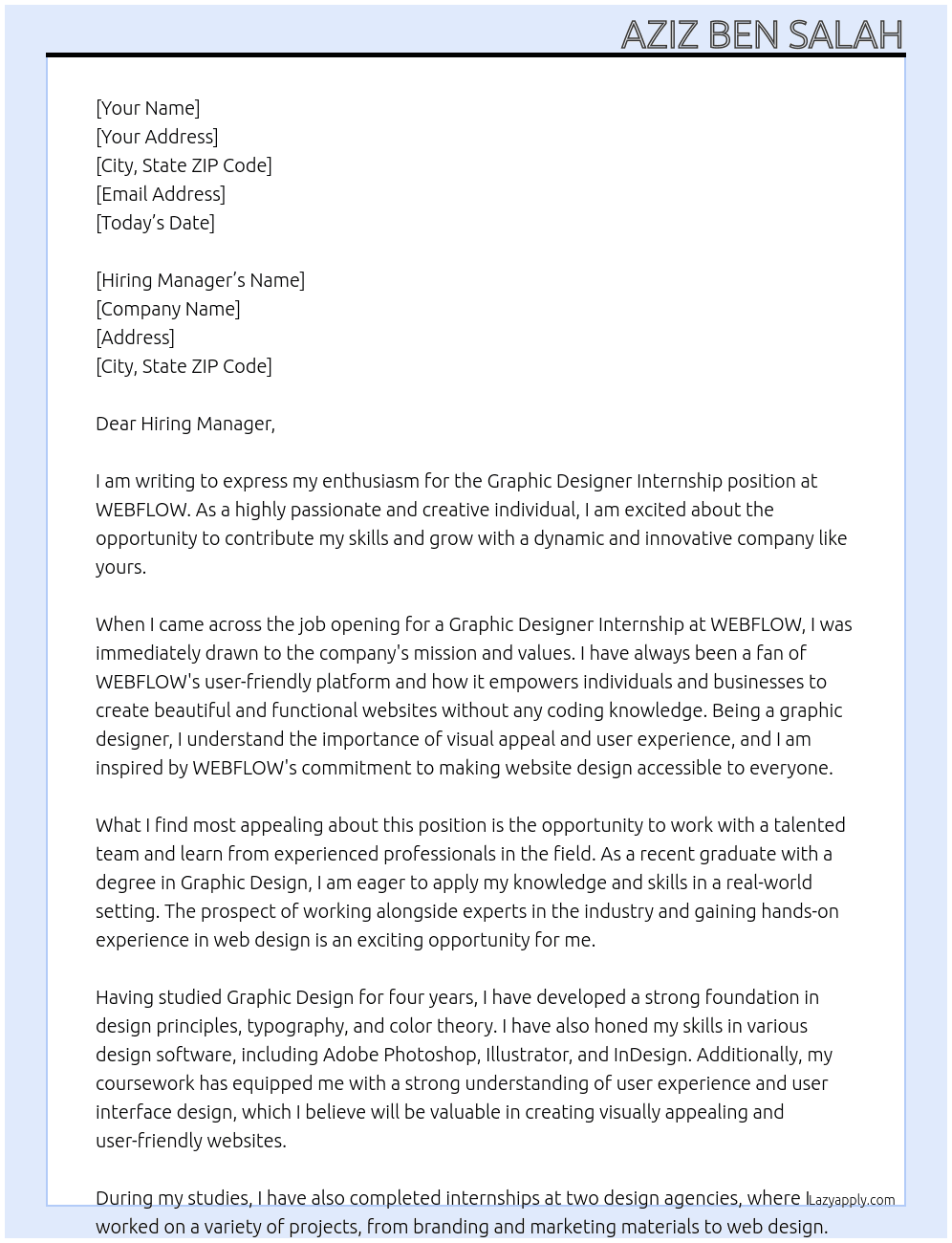 Graphic Designer Internship At WEBFLOW Cover Letter
