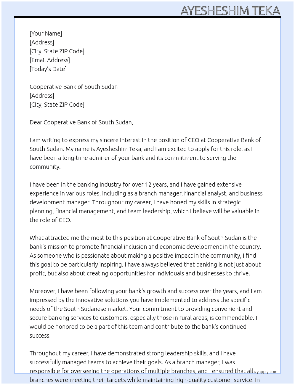 CEO At Request for Bank Account activation Cover Letter