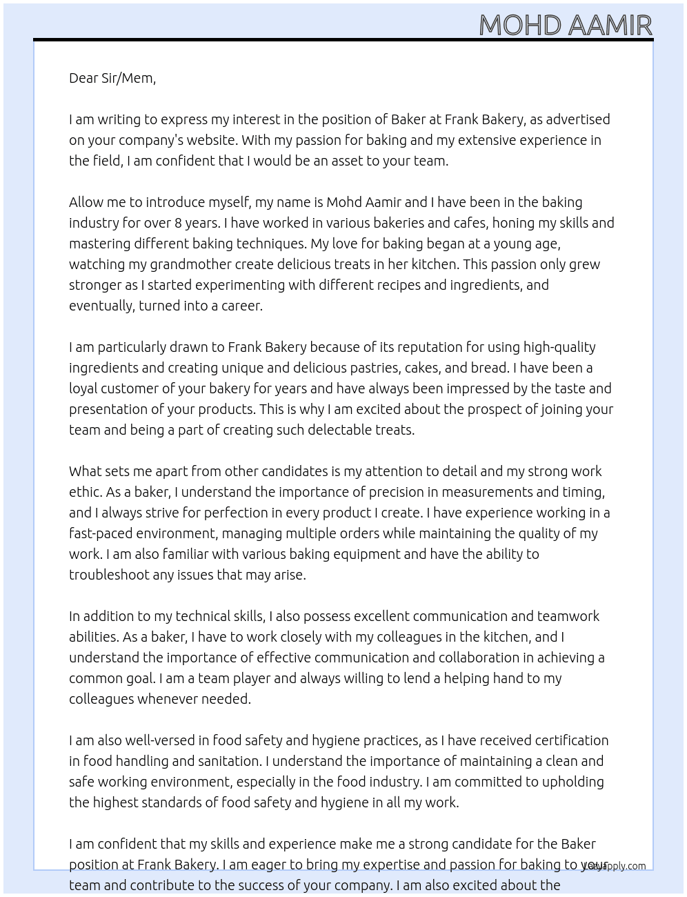 Baker's  At Frank bakery  Cover Letter