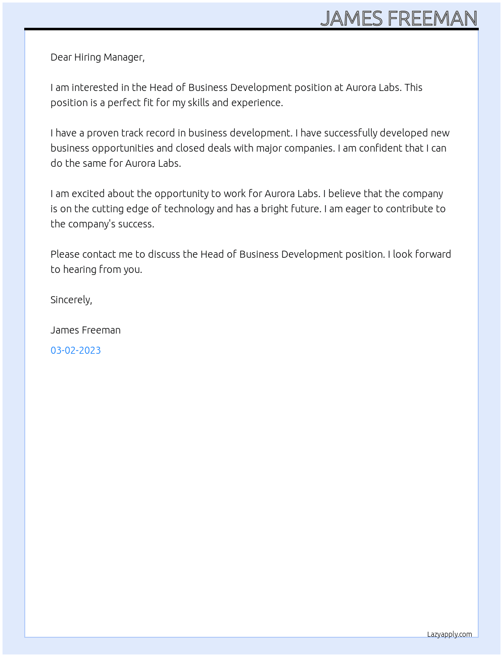 Head of Business Development At Aurora Labs Cover Letter