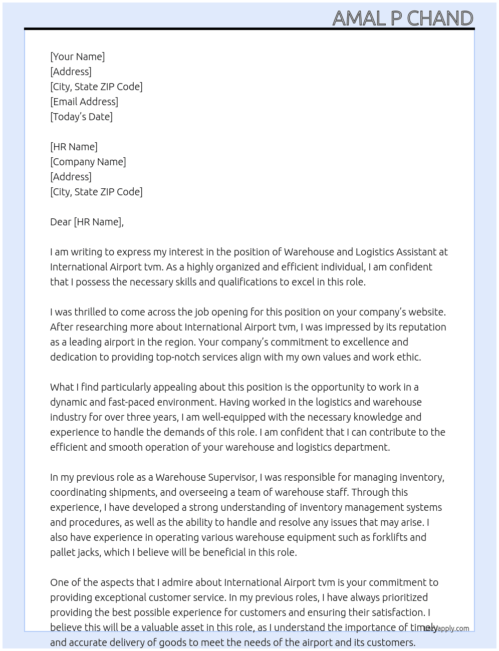 Warehouse and logistics assistant  At International Airport tvm Cover Letter