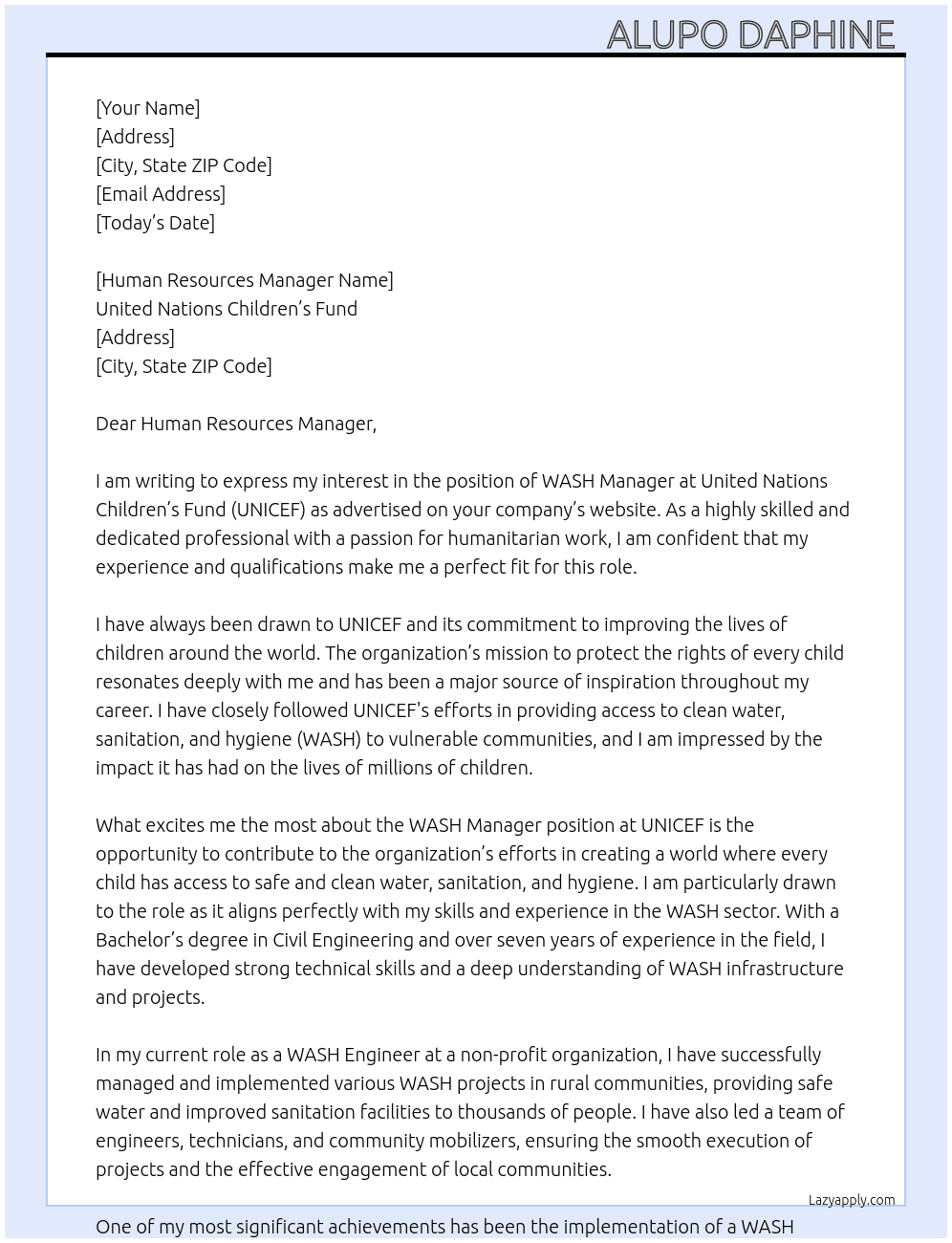 WASH MANAGER  At United Nations Children's Fund  Cover Letter