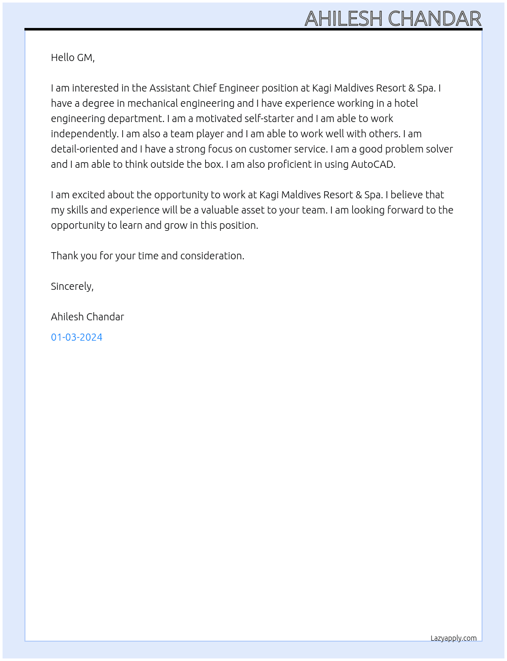Assistant Chief Engineer At Kagi Maldives Resort & Spa Cover Letter