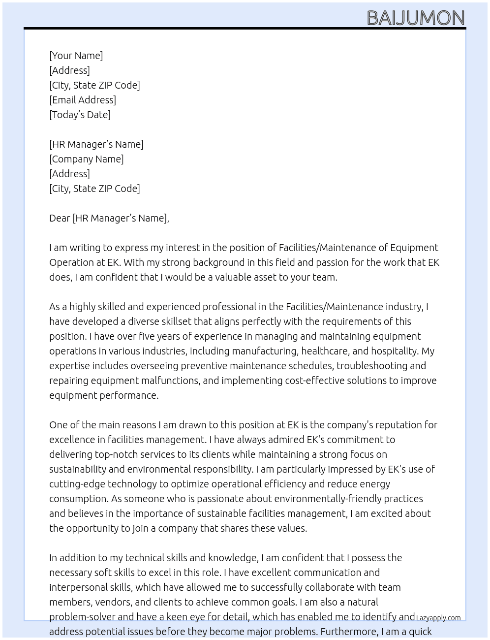  Background in Facilities/Maintenance of Equipment Operation At EK Cover Letter