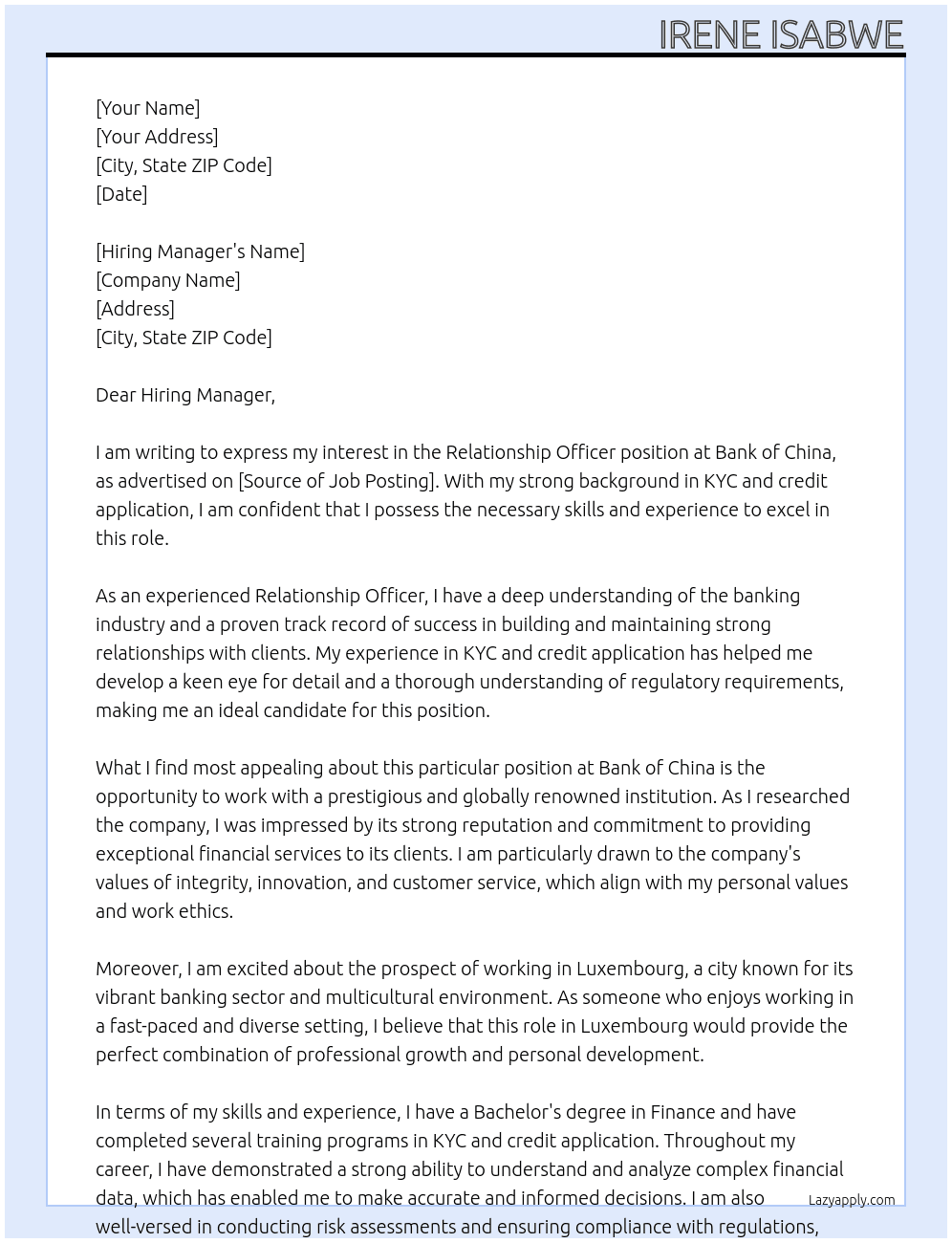 Relationship Officer At Bank of China Cover Letter