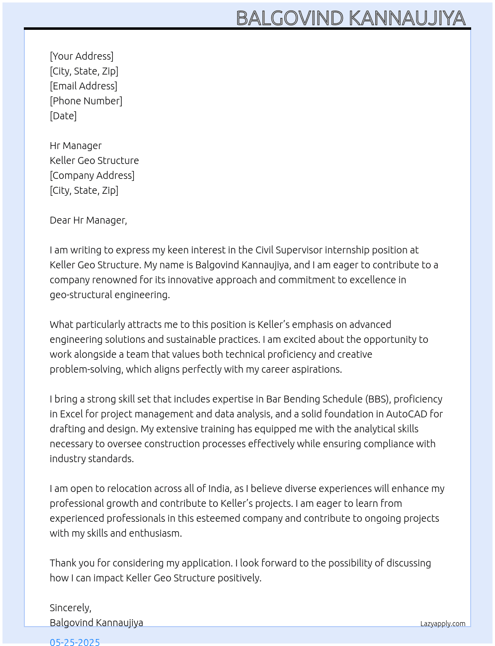 Civil supervisor  At Keller Geo structure  Cover Letter