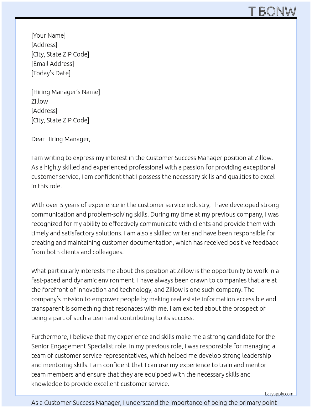 Customer success manager At Zillow Cover Letter