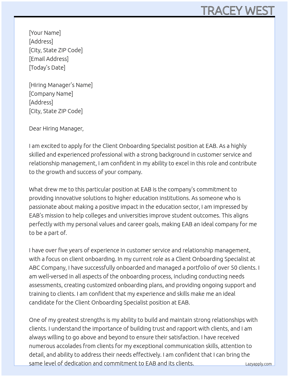 Client Onboarding Specialist At EAB Cover Letter