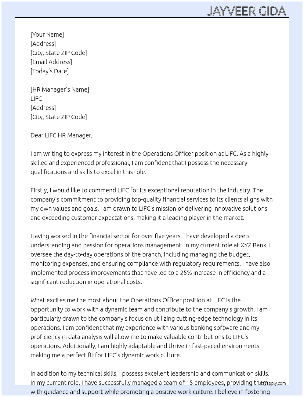 Operations Officer  At LIFC Cover Letter