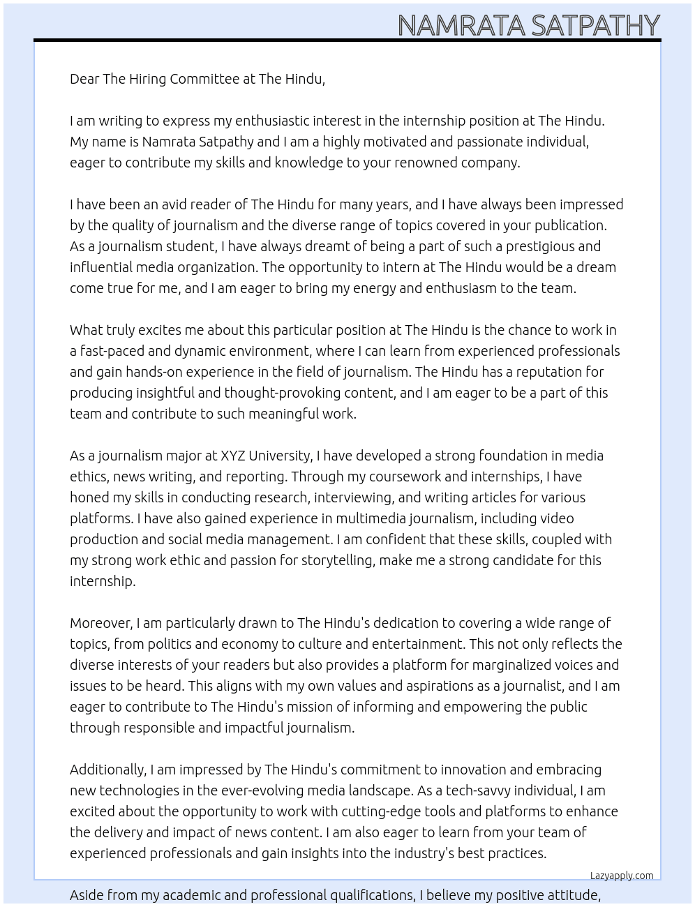 internship At The Hindu Cover Letter