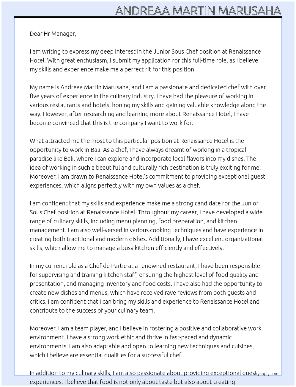 Junior sous chef At Renaissance Hotel Cover Letter