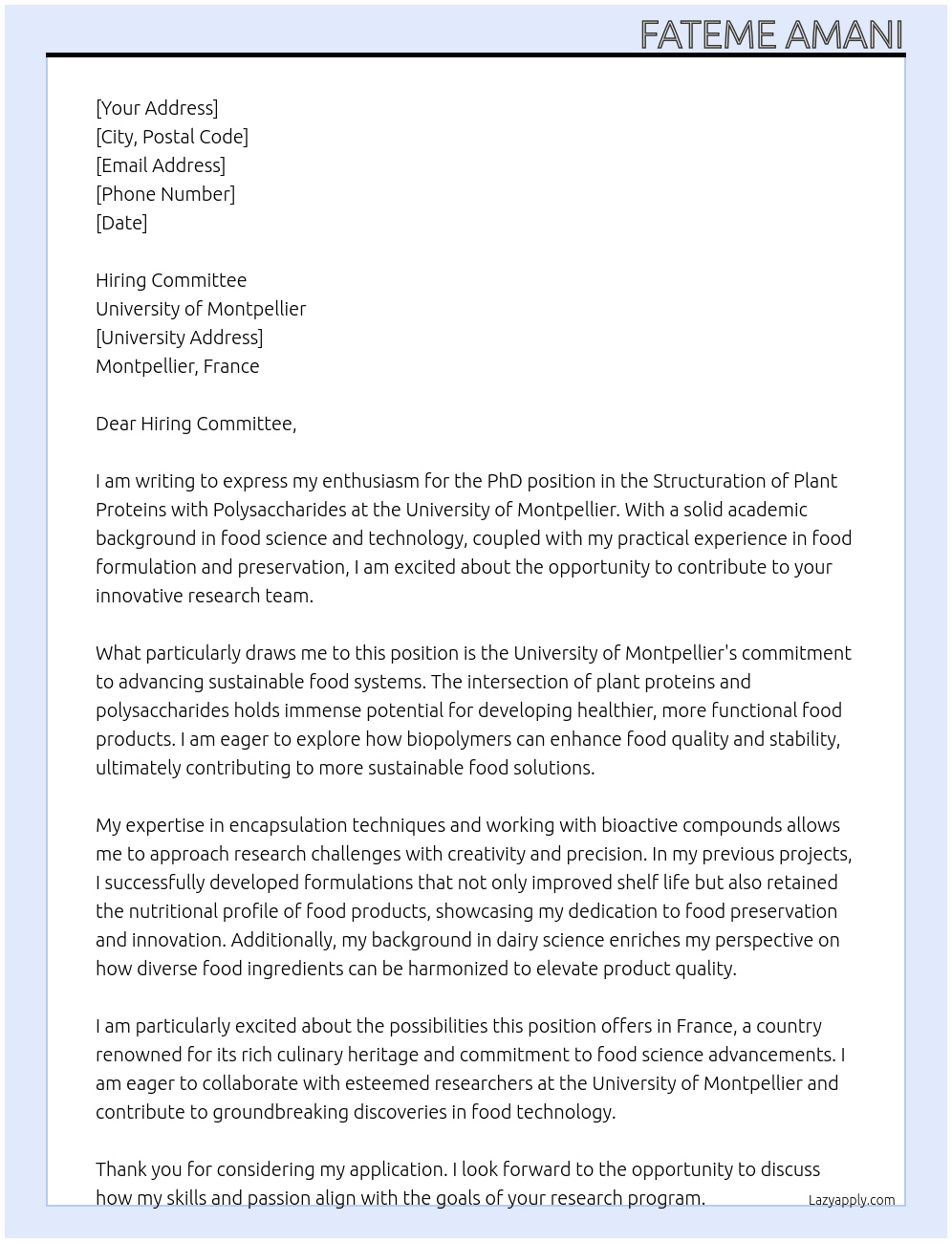 phd position in Structuration of plant proteins with polysaccharides At University of Montpellier Cover Letter