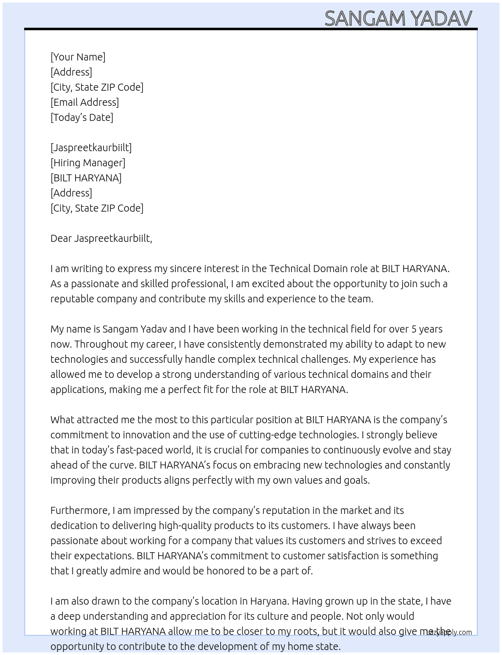 Technical Domain  At BILT HARYANA  Cover Letter